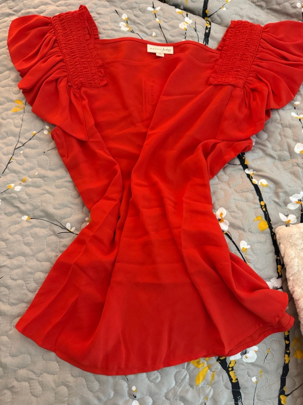 Maison Jules Red Puff-Sleeve V-Neck Blouse